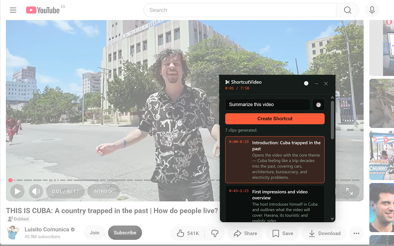 ShortcutVideo panel showing generated clips over a YouTube video